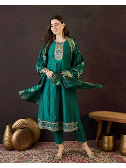 KVS FAB - Green Silk Blend Zari Sequence Embroidered Kurta Pant & Dupatta (Set of 3)