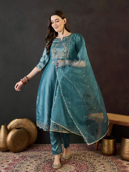 KVS FAB - Blue Silk Blend Zari Sequence Thread Work Embroidered Kurta Pant & Dupatta (Set of 3)