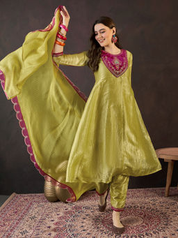 KVS FAB - Green Silk Blend Zari Sequence Embroidered Kurta Pant & Dupatta (Set of 3)