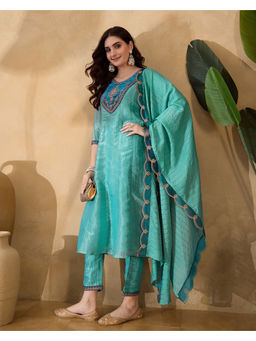 KVS FAB - Turquoise Silk Blend Zari Sequence Embroidered Kurta Pant & Dupatta (Set of 3)