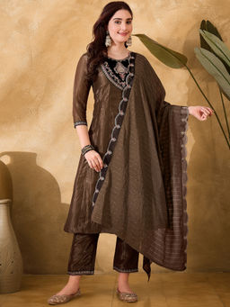 KVS FAB - Brown Silk Blend Zari Sequence Thread Embroidered Kurta Pant & Dupatta (Set of 3)