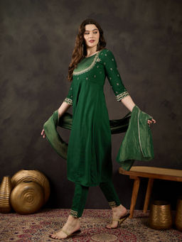 KVS FAB - Green Silk Blend Zari Embroidered Kurta Pant & Dupatta (Set of 3)