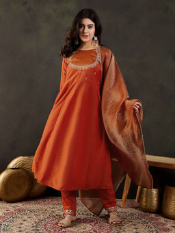 KVS FAB - Orange Silk Blend Zari Embroidered Kurta Pant & Dupatta (Set of 3)