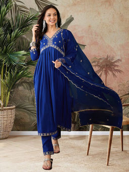KVS FAB - Blue Silk Blend Zari Sequence Embroidered Kurta Pant & Dupatta (Set of 3)