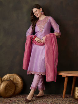 KVS FAB - Lavender Silk Blend Zari Sequence Embroidered Kurta Pant & Dupatta (Set of 3)