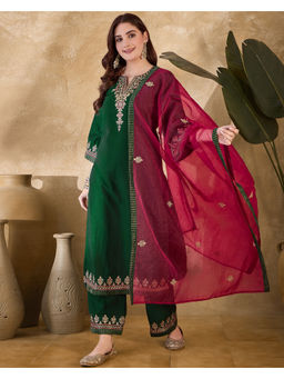 KVS FAB - Green Silk Blend Zari Sequence Embroidered Kurta Pant & Dupatta (Set of 3)