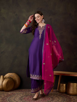KVS FAB - Purple Silk Blend Zari Sequence Embroidered Kurta Pant & Dupatta (Set of 3)