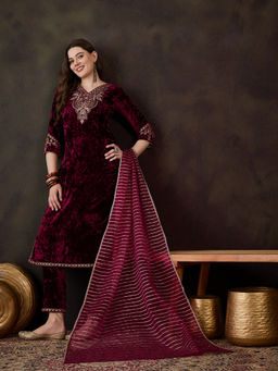 KVS FAB - Maroon Velvet Zari Sequence Embroidered Kurta Pant & Dupatta (Set of 3)