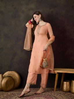 KVS FAB - Peach Silk Blend Zari Embroidered Floral Print Kurta Pant & Dupatta (Set of 3)