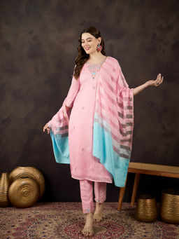KVS FAB - Pink Silk Blend Zari Sequence Embroidered Kurta Pant & Dupatta (Set of 3)