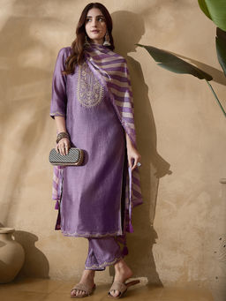 KVS FAB - Lavender Silk Blend Zari Sequence Embroidered Kurta Pant & Dupatta (Set of 3)