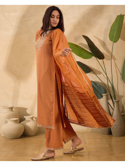 KVS FAB - Orange Poly Chiffon Zari Sequence Embroidered Kurta Pant & Dupatta (Set of 3)