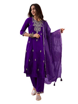 KVS FAB - Blue Silk Blend Zari Sequence Embroidered Kurta Pant & Dupatta (Set of 3)