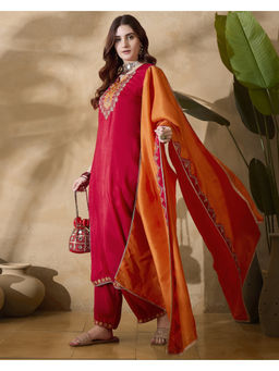 KVS FAB - Pink Silk Blend Zari Sequence Embroidered Kurta Pant & Dupatta (Set of 3)