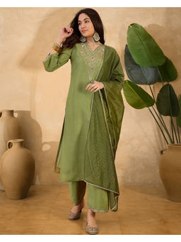 KVS FAB - Green Silk Blend Zari Sequence Embroidered Kurta Pant & Dupatta (Set of 3)