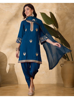 KVS FAB - Embroidered Zari Sequence Cording Teal Silk Blend Kurta Dhoti & Dupatta (Set of 3)