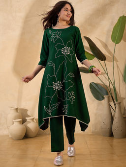 KVS FAB - Green Silk Blend Embroidered with Beads Work Kurta & Pant (Set of 2)