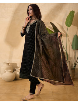 KVS FAB - Black Silk Blend Zari Sequence Embroidered Kurta Pant & Dupatta (Set of 3)