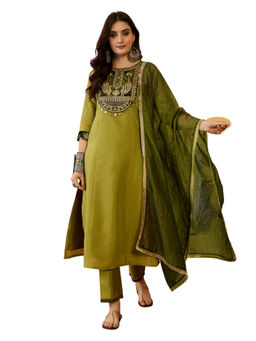 KVS FAB - Green Silk Blend Zari Sequence Embroidered Kurta Pant & Dupatta (Set of 3)