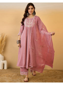 KVS FAB - Pink Silk Blend Zari Sequence Embroidered Kurta Pant & Dupatta (Set of 3)