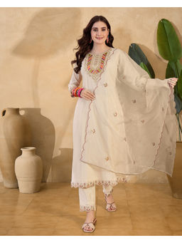 KVS FAB - Embroidered Zari Sequence Cream Silk Blend Kurta Pant & Dupatta (Set of 3)