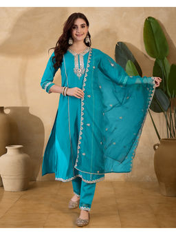 KVS FAB - Blue Silk Blend Zari Embroidered with Mirror Work Kurta Pant & Dupatta (Set of 3)