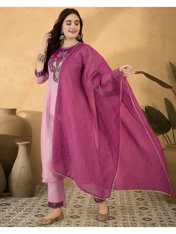 KVS FAB - Pink Silk Blend Zari Sequence Embroidered Kurta Pant & Dupatta (Set of 3)