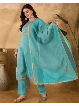 KVS FAB - Embroidered Zari Sequence Sky Blue Silk Blend Kurta Pant & Dupatta (Set of 3)