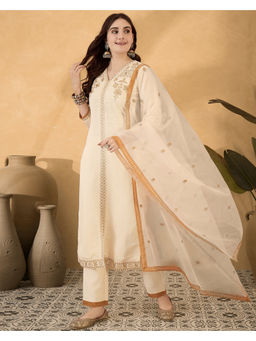 KVS FAB - Embroidered Zari Sequence Cream Silk Blend Kurta Pant & Dupatta (Set of 3)
