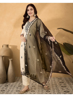 KVS FAB - Cream Cotton Blend Thread Work Embroidered Kurta Pant & Dupatta (Set of 3)