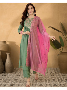 KVS FAB - Pista Green Silk Blend Thread Embroidered Kurta Pant & Dupatta (Set of 3)