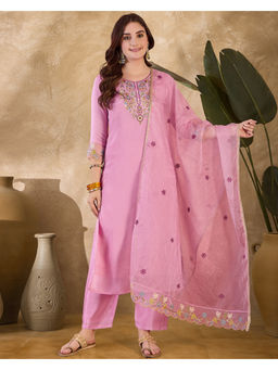 KVS FAB - Pink Silk Blend Zari Sequence Thread Embroidered Kurta Pant & Dupatta (Set of 3)