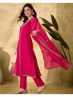 KVS FAB - Embroidered Zari Sequence Magenta Silk Blend Kurta Pant & Dupatta (Set of 3)
