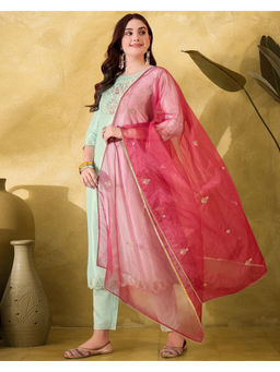 KVS FAB - Pista Green Silk Blend Zari Sequence Embroidered Kurta Pant & Dupatta (Set of 3)