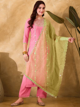 KVS FAB - Pink Silk Blend Zari Sequence Embroidered Kurta Pant & Dupatta (Set of 3)