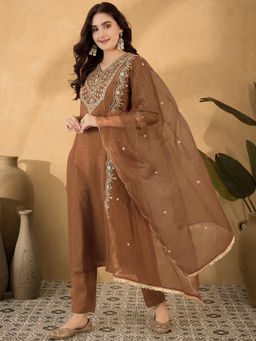 KVS FAB - Brown Silk Blend Zari Sequence Embroidered Kurta Pant & Dupatta (Set of 3)