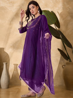 KVS FAB - Purple Silk Blend Zari Sequence Embroidered Kurta Pant & Dupatta (Set of 3)