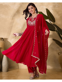 KVS FAB - Red Silk Blend Zari Sequence Embroidered Kurta Pant & Dupatta (Set of 3)