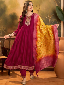 KVS FAB - Magenta Silk Blend Zari Sequence Embroidered Kurta Pant & Dupatta (Set of 3)