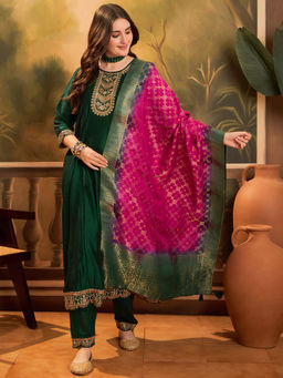 KVS FAB - Green Silk Blend Zari Sequence Embroidered Kurta Pant & Dupatta (Set of 3)