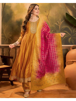 KVS FAB - Mustard Silk Blend Zari Sequence Embroidered Kurta Pant & Dupatta (Set of 3)