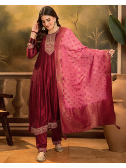 KVS FAB - Maroon Silk Blend Zari Sequence Embroidered Kurta Pant & Dupatta (Set of 3)