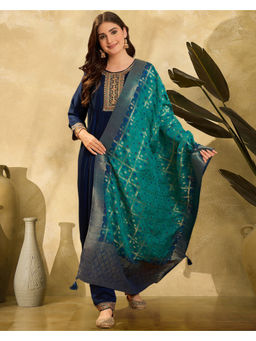 KVS FAB - Teal Silk Blend Zari Sequence Embroidered Kurta Pant & Dupatta (Set of 3)