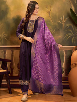 KVS FAB - Purple Silk Blend Zari Sequence Embroidered Kurta Pant & Dupatta (Set of 3)
