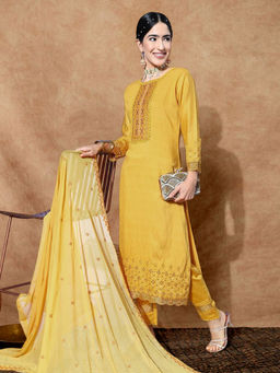 KVS FAB - Women Mirror Sequence Embroidered Yellow Kurta Pant & Dupatta (Set of 3)