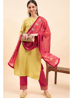 KVS FAB - Women Zari Sequence Embroidered Yellow Kurta Pant & Dupatta (Set of 3)