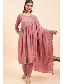 KVS FAB - Women Sequence Zari Embroidered Pink Silk Blend Kurta Pant & Dupatta (Set of 3)