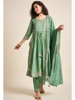 KVS FAB - Women Sequence Zari Embroidered Green Silk Blend Kurta Pant & Dupatta (Set of 3)