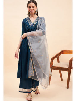 KVS FAB - Women Teal Thread Work Silk Blend Kurta Pant & Dupatta (Set of 3)