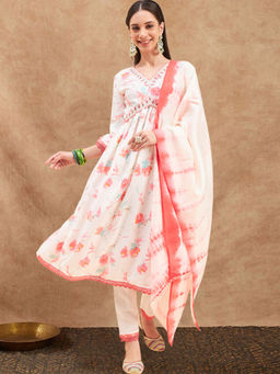 KVS FAB - Women Off White Cotton Blend Kurta Pant & Dupatta (Set of 3)